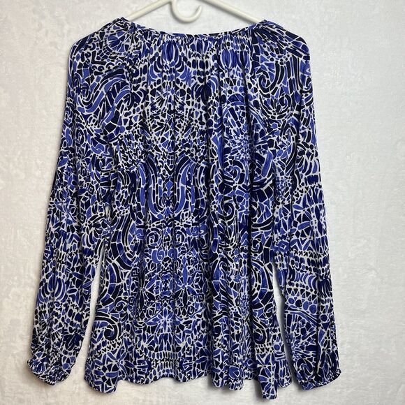 Lilly Pulitzer Willa Peasant Blouse Womens Size Medium Blue Black Beach Summer - Picture 8 of 12
